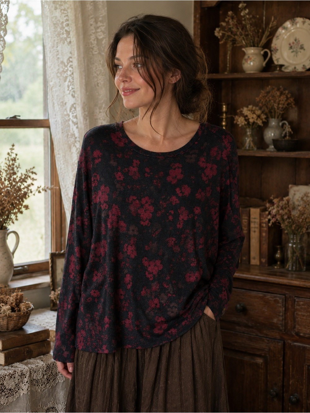Simply Vera Vera Wang XXL Black Red Floral Soft Knit Long Sleeve Dark Romantic
